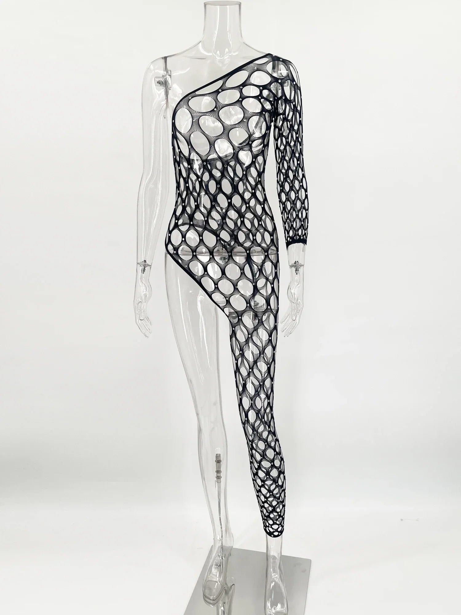 Toucheart Lingerie Jumpsuit Shiny Diamond Fishing Net One-sleeved Leg Jumpsuit See-through Jumpsuit