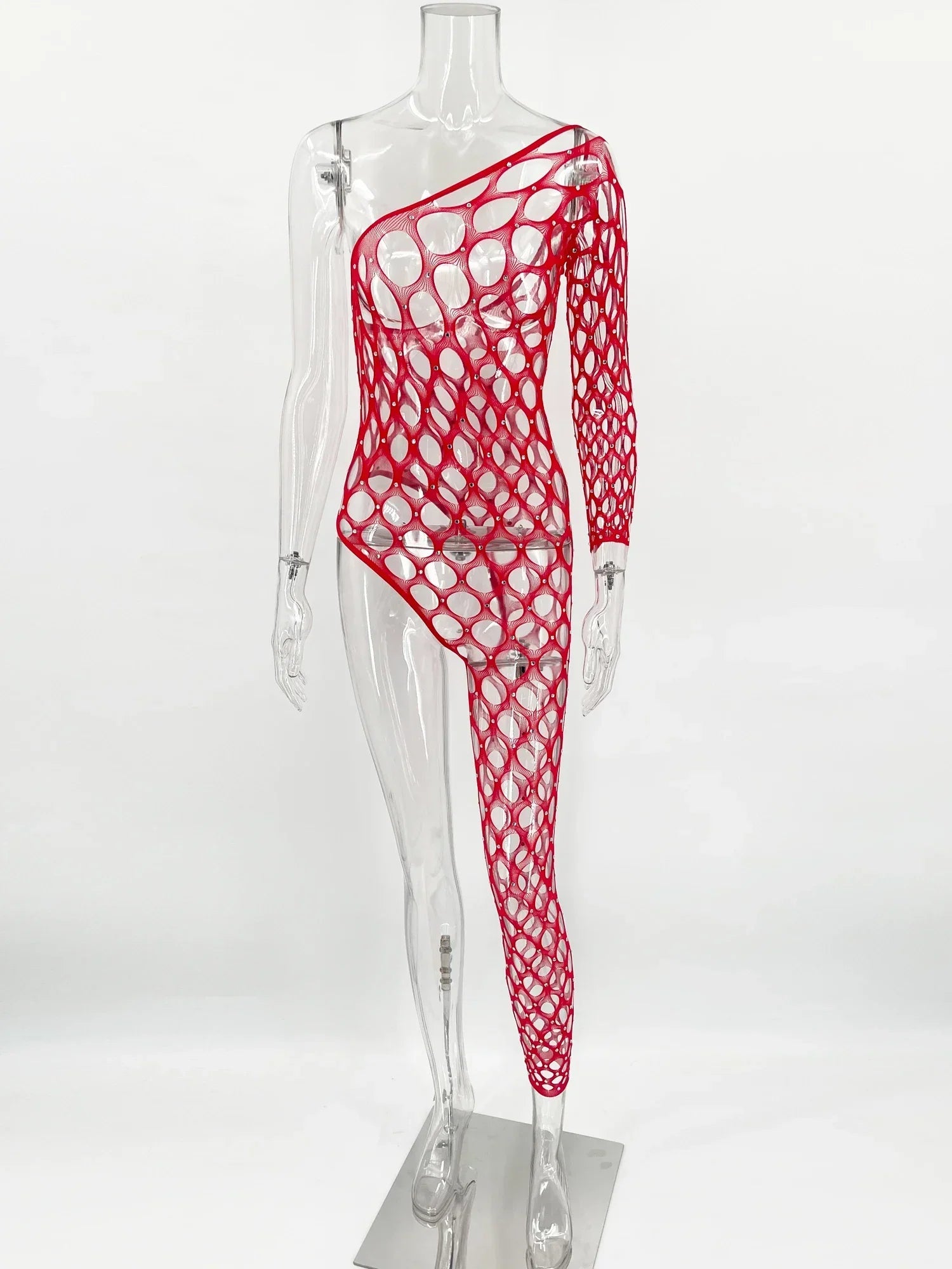 Toucheart Lingerie Jumpsuit Shiny Diamond Fishing Net One-sleeved Leg Jumpsuit See-through Jumpsuit