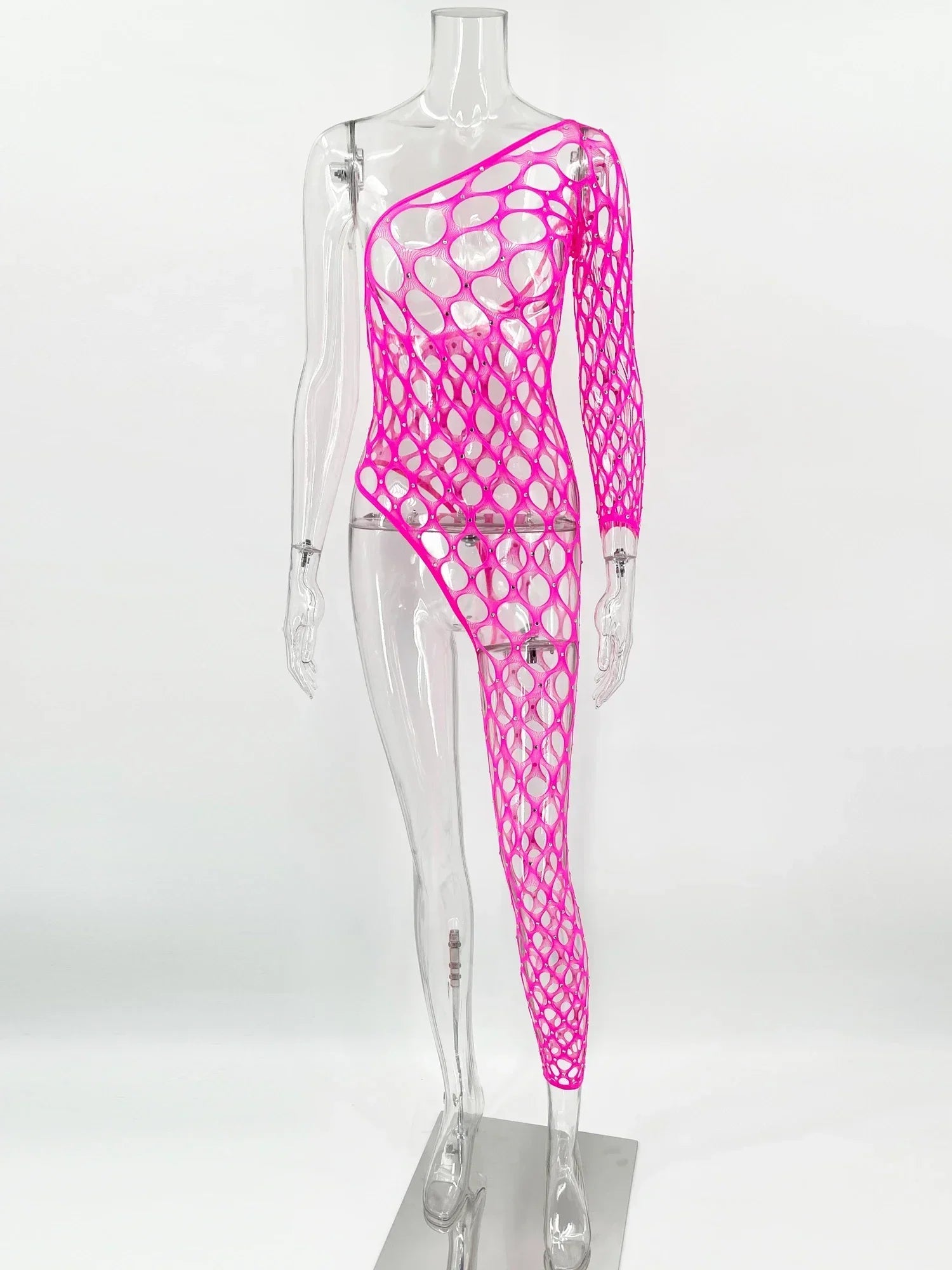Toucheart Lingerie Jumpsuit Shiny Diamond Fishing Net One-sleeved Leg Jumpsuit See-through Jumpsuit