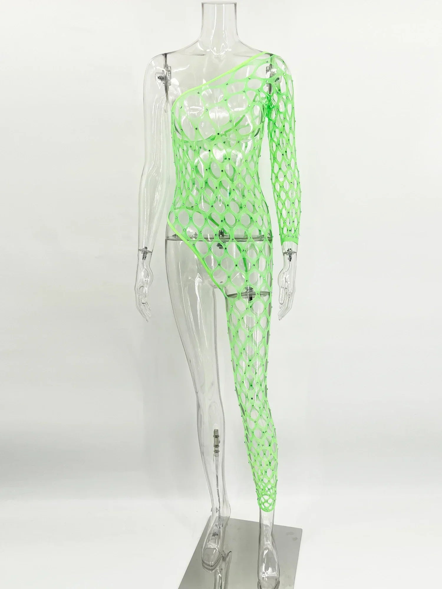 Toucheart Lingerie Jumpsuit Shiny Diamond Fishing Net One-sleeved Leg Jumpsuit See-through Jumpsuit