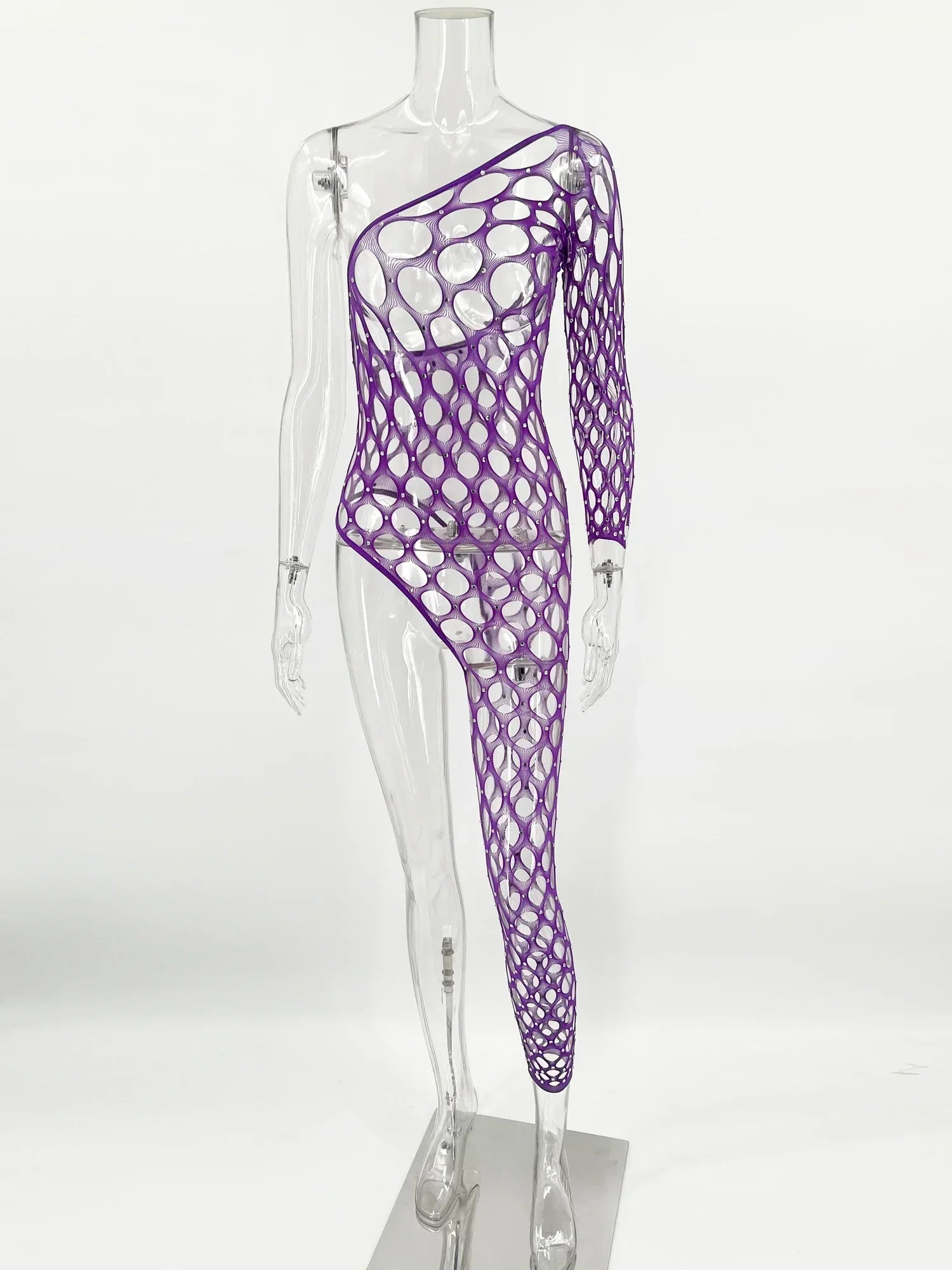 Toucheart Lingerie Jumpsuit Shiny Diamond Fishing Net One-sleeved Leg Jumpsuit See-through Jumpsuit