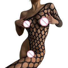 Toucheart Lingerie Jumpsuit Shiny Diamond Fishing Net One-sleeved Leg Jumpsuit See-through Jumpsuit