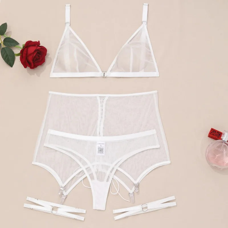 Toucheart Lingerie Solid Color Mesh See-through Plunge Underwear Suit Garters Lingerie 4-piece Set