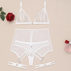 Toucheart Lingerie Solid Color Mesh See-through Plunge Underwear Suit Garters Lingerie 4-piece Set