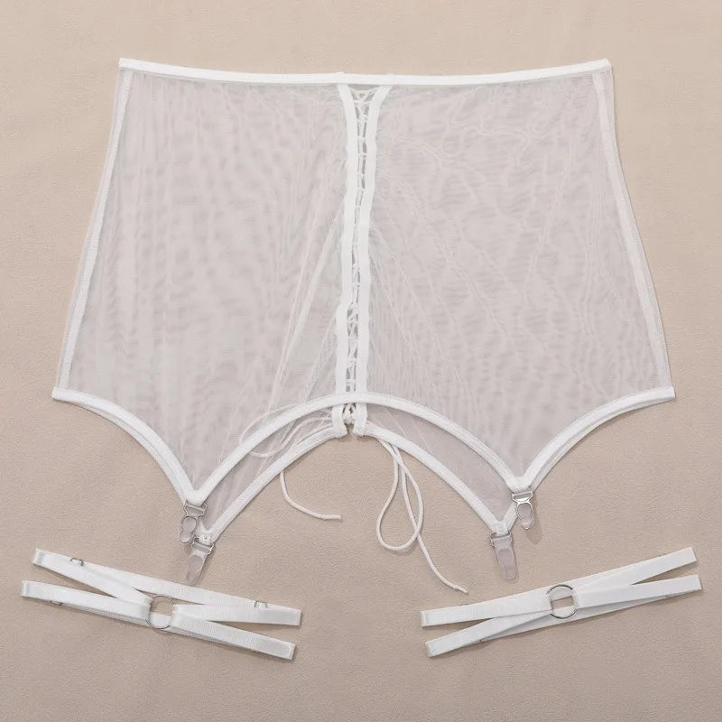 Toucheart Lingerie Solid Color Mesh See-through Plunge Underwear Suit Garters Lingerie 4-piece Set