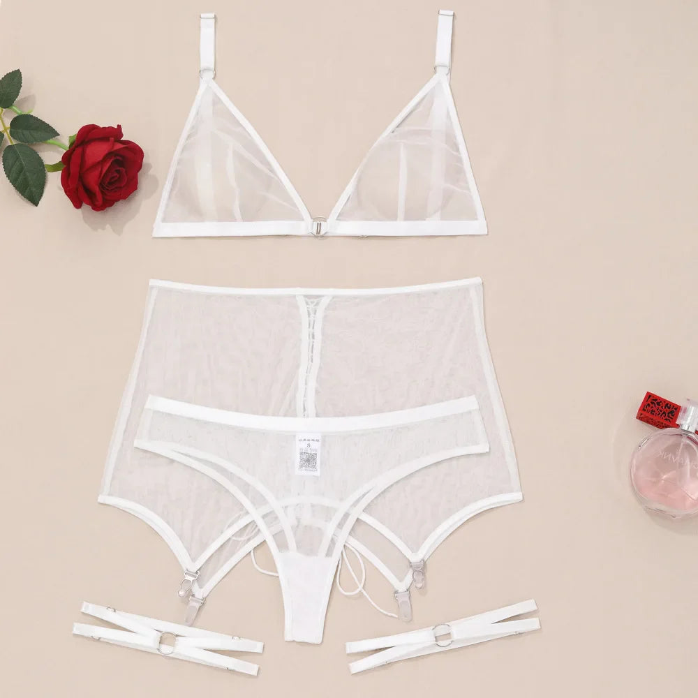 Toucheart Lingerie Solid Color Mesh See-through Plunge Underwear Suit Garters Lingerie 4-piece Set