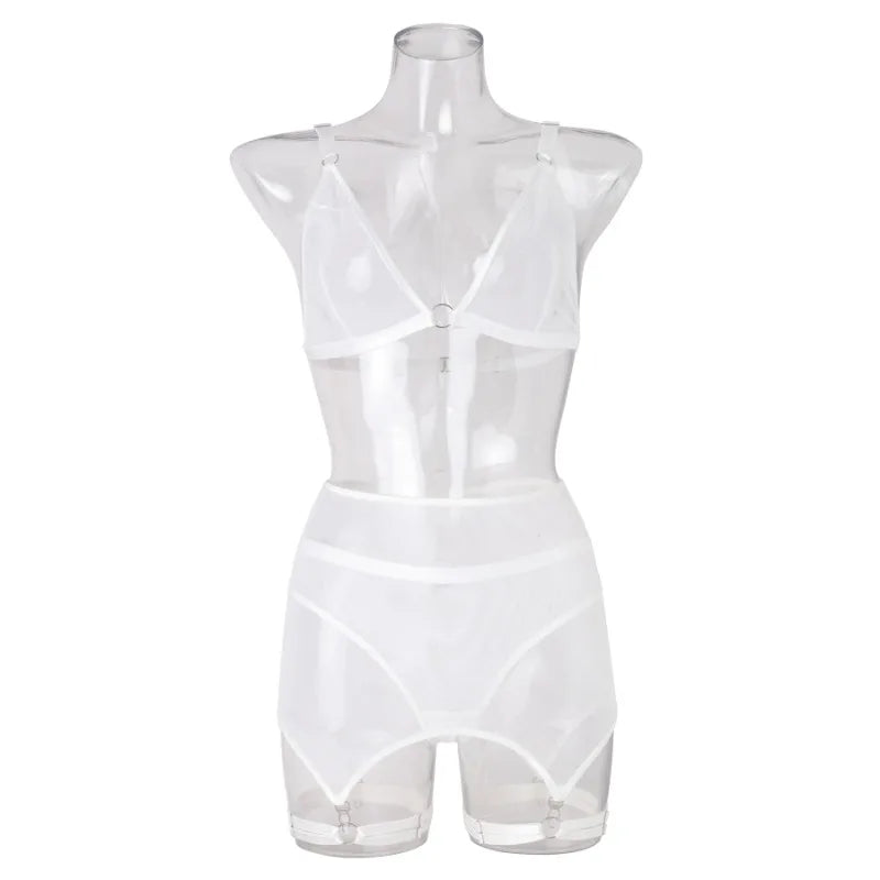 Toucheart Lingerie Solid Color Mesh See-through Plunge Underwear Suit Garters Lingerie 4-piece Set