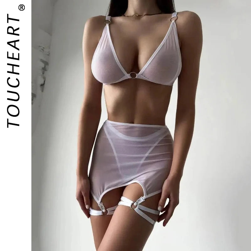 Toucheart Lingerie Solid Color Mesh See-through Plunge Underwear Suit Garters Lingerie 4-piece Set