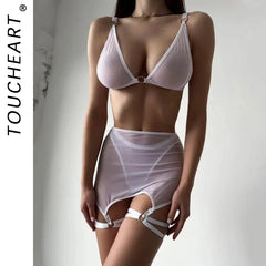 Toucheart Lingerie Solid Color Mesh See-through Plunge Underwear Suit Garters Lingerie 4-piece Set