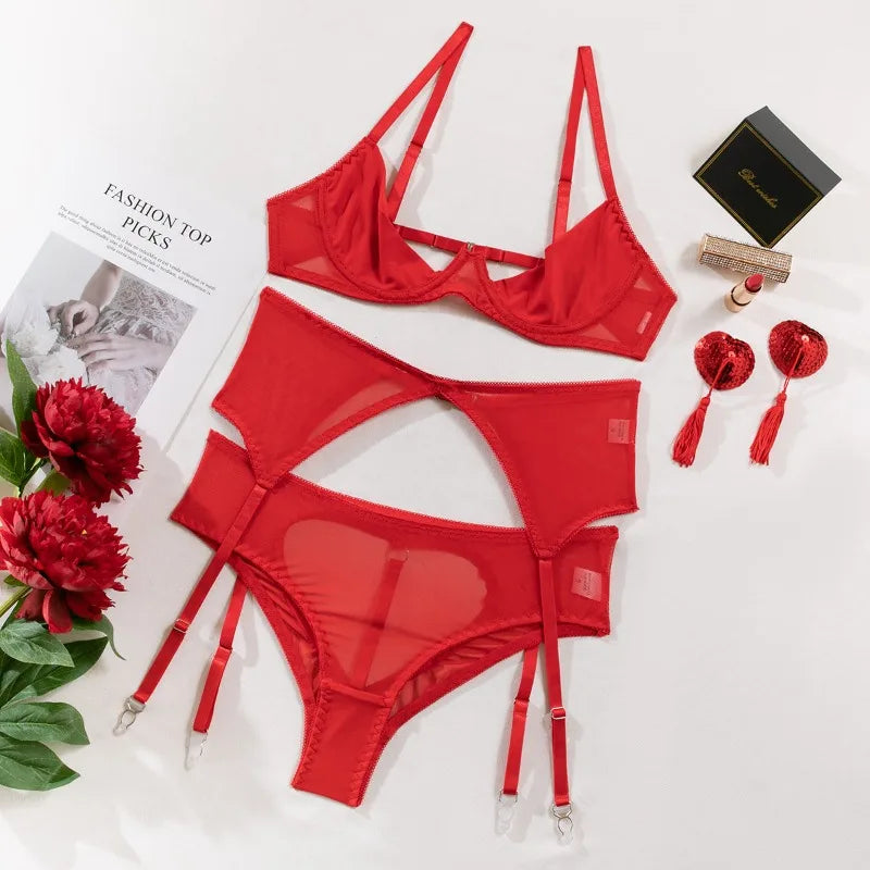 Toucheart Lingerie with Nipple Pasties Solid Color Slim Erotic Underwear Set