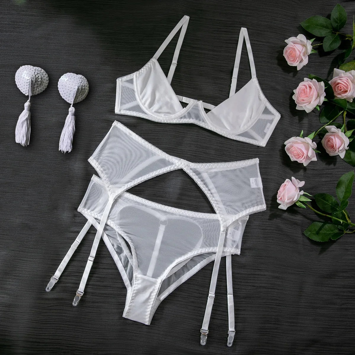 Toucheart Lingerie with Nipple Pasties Solid Color Slim Erotic Underwear Set