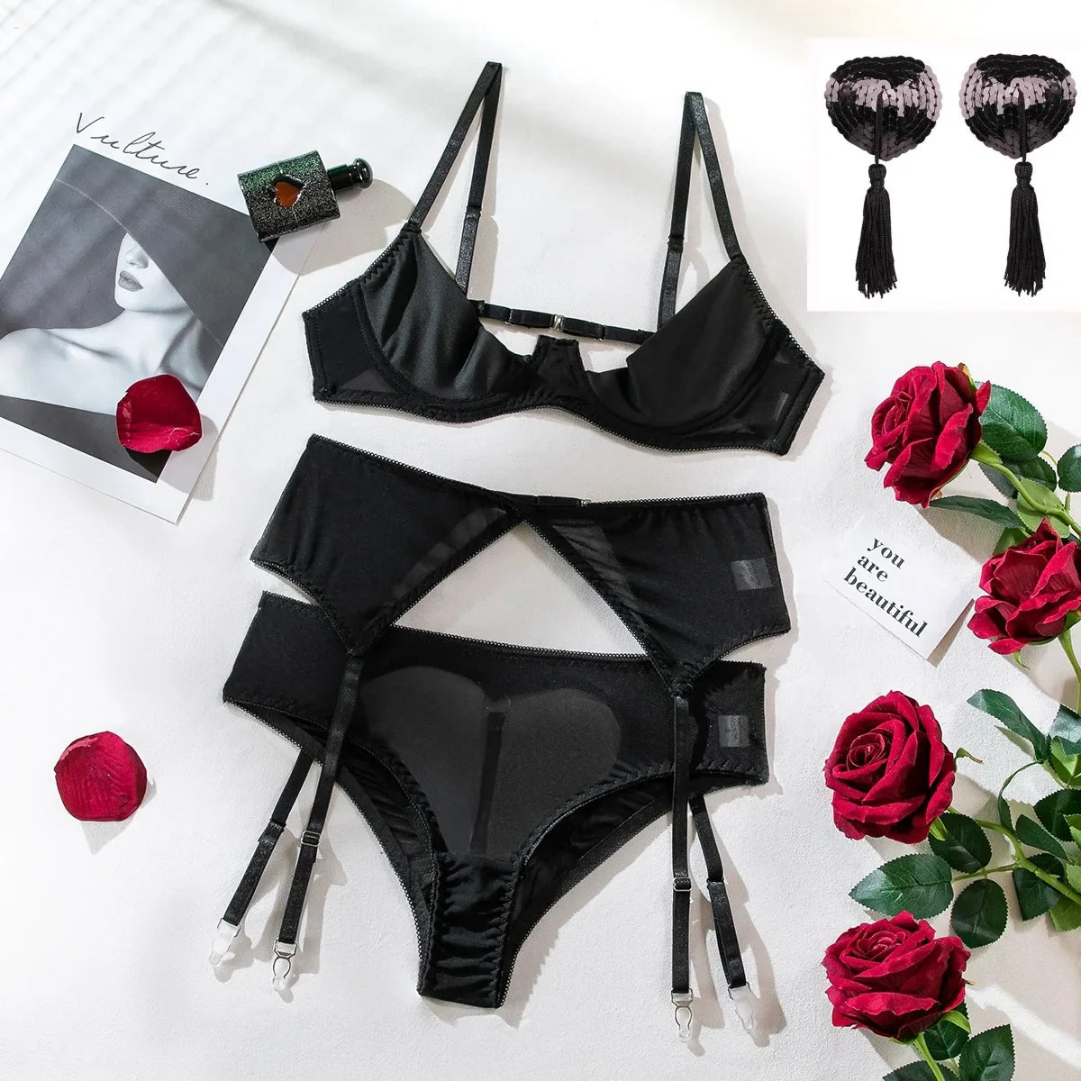 Toucheart Lingerie with Nipple Pasties Solid Color Slim Erotic Underwear Set