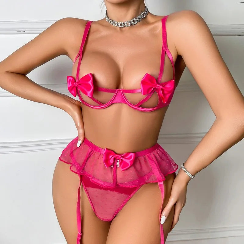 Toucheart Lingerie with Pink Bow Decoration, Three-point Bodyshaping Backless Delicate Intimatesplit Lingerie Set