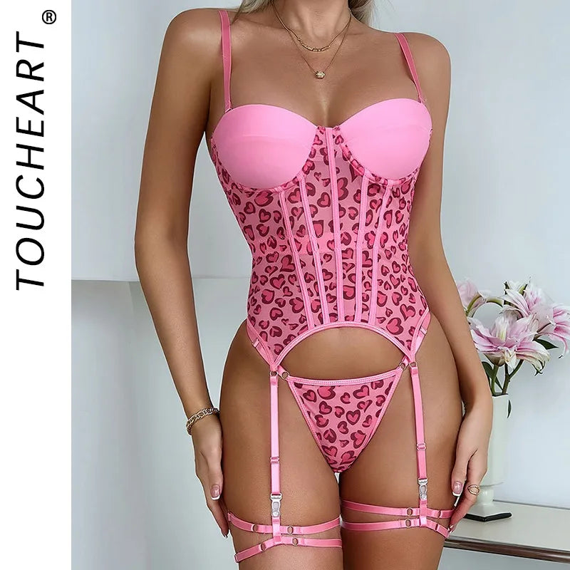 Toucheart Mesh Embroidery Pink Love Underwear Garters Slim Spaghetti Strap Backless High Waisted Set