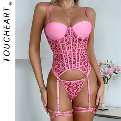 Toucheart Mesh Embroidery Pink Love Underwear Garters Slim Spaghetti Strap Backless High Waisted Set