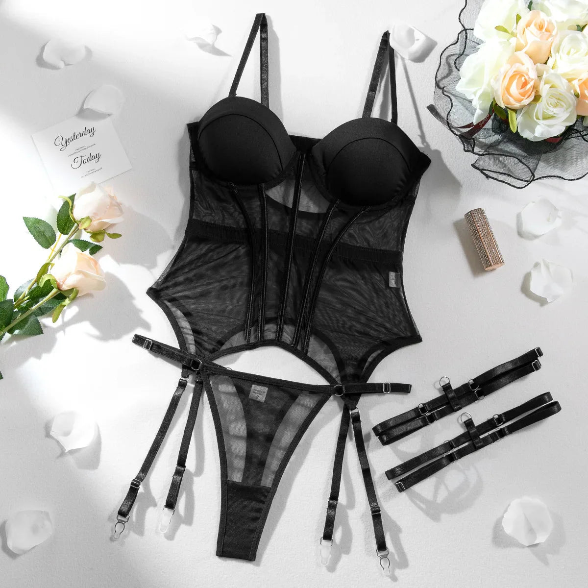 Toucheart Mesh Jumpsuit Set Solid Color Garters Mesh See-through Underwear Set Exotic Suspender Bodysuit Set
