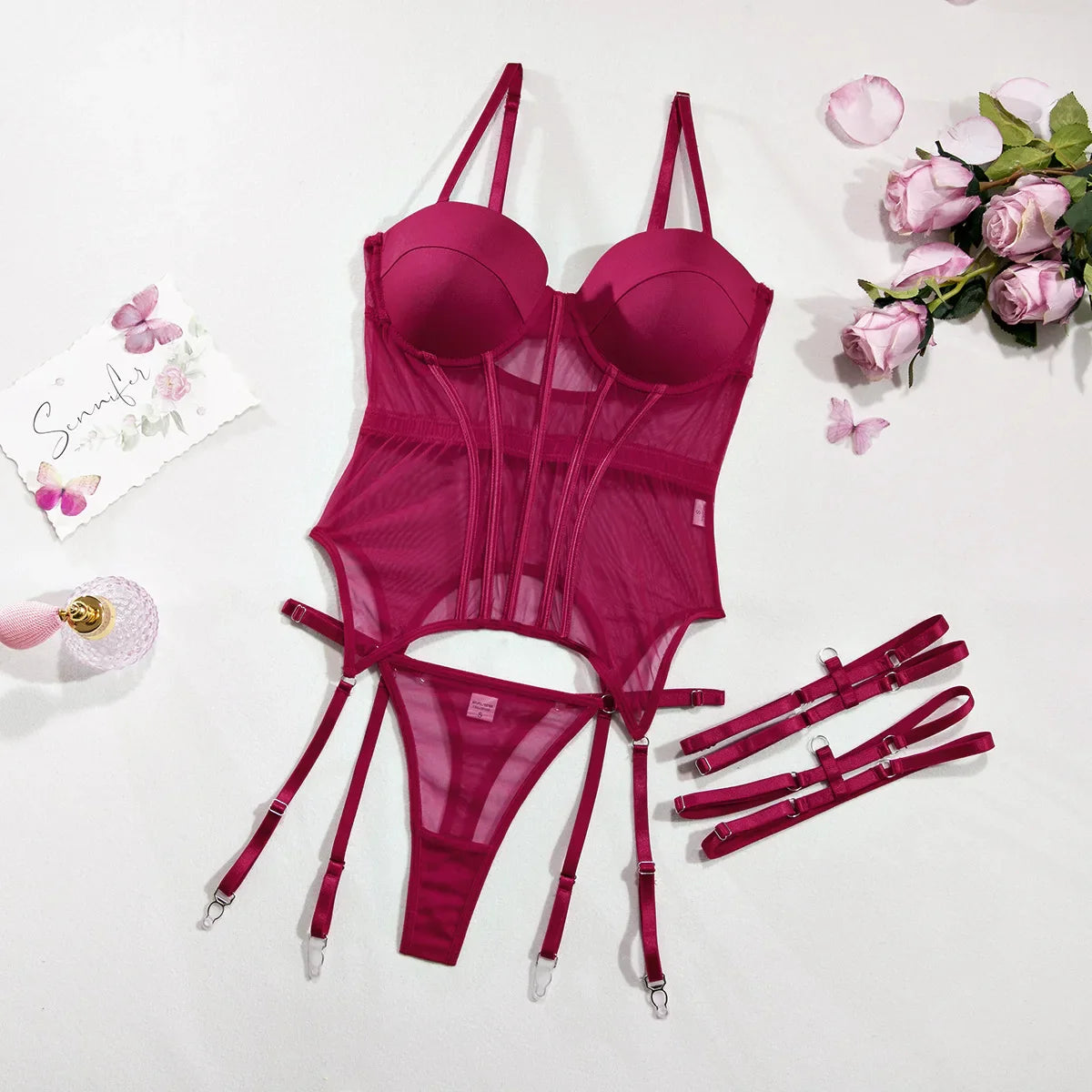 Toucheart Mesh Jumpsuit Set Solid Color Garters Mesh See-through Underwear Set Exotic Suspender Bodysuit Set