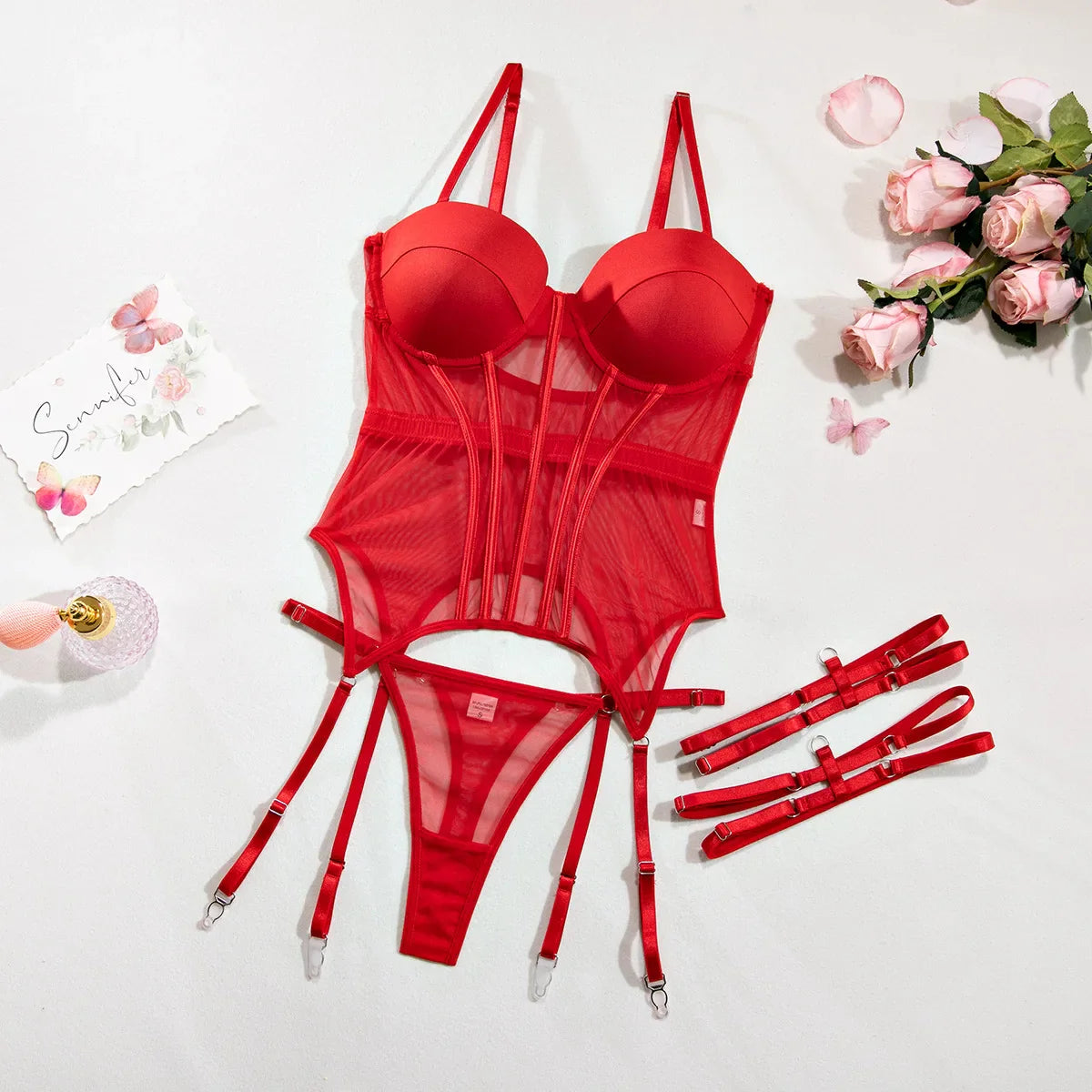 Toucheart Mesh Jumpsuit Set Solid Color Garters Mesh See-through Underwear Set Exotic Suspender Bodysuit Set