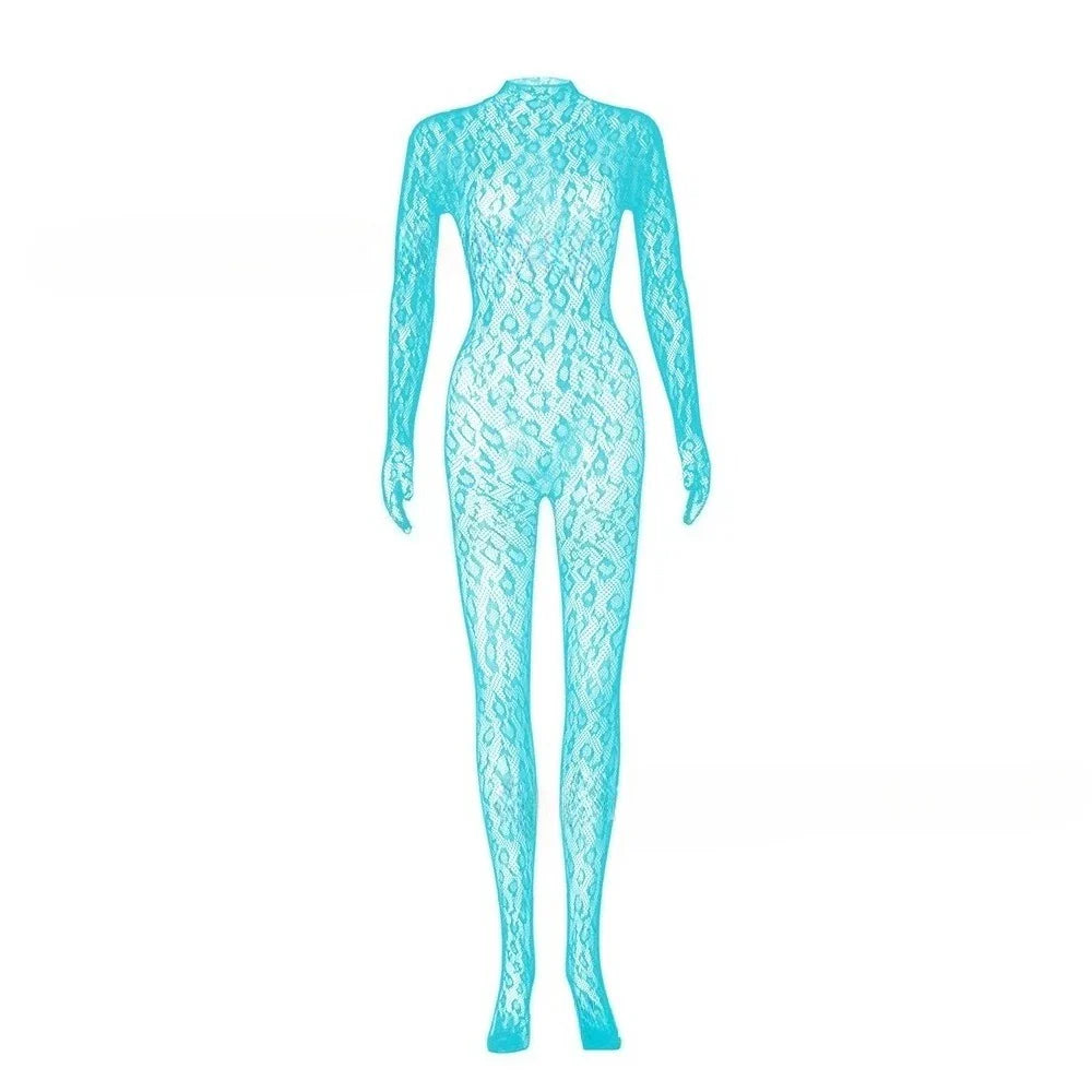 Toucheart Mesh Jumpsuit Underwear Long-sleeved Jumpsuit Fishnet Top with Closed Crotch Perspective Jumpsuit