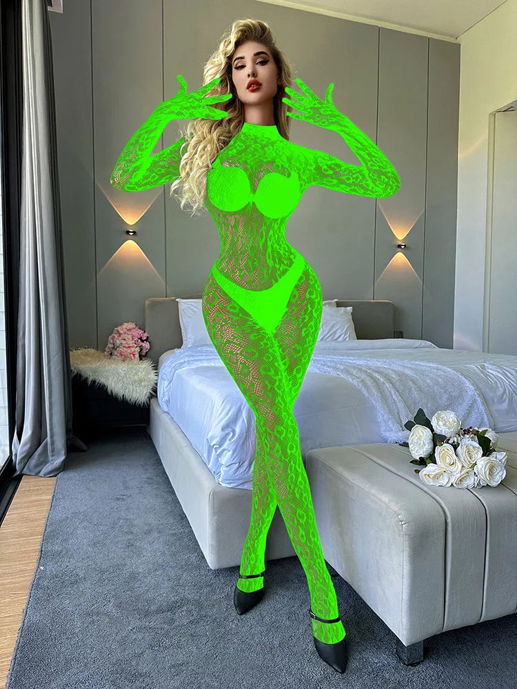 Toucheart Mesh Jumpsuit Underwear Long-sleeved Jumpsuit Fishnet Top with Closed Crotch Perspective Jumpsuit