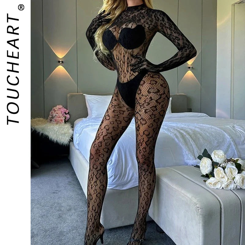 Toucheart Mesh Jumpsuit Underwear Long-sleeved Jumpsuit Fishnet Top with Closed Crotch Perspective Jumpsuit