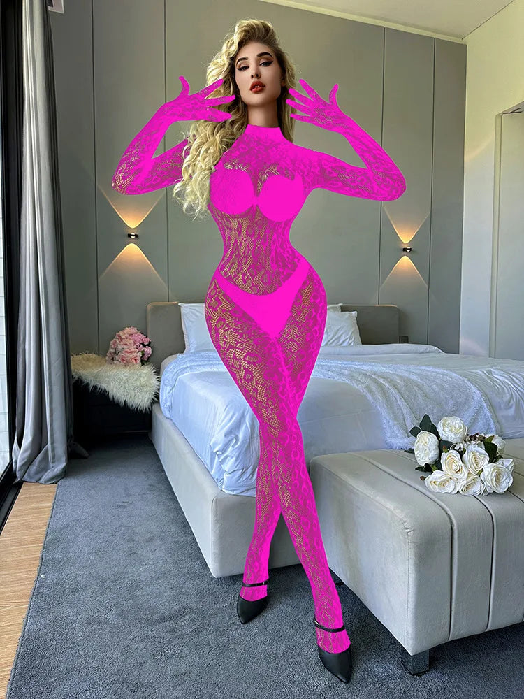 Toucheart Mesh Jumpsuit Underwear Long-sleeved Jumpsuit Fishnet Top with Closed Crotch Perspective Jumpsuit