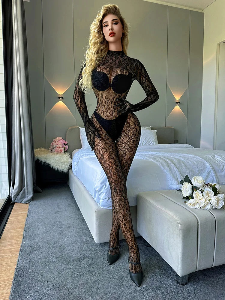 Toucheart Mesh Jumpsuit Underwear Long-sleeved Jumpsuit Fishnet Top with Closed Crotch Perspective Jumpsuit