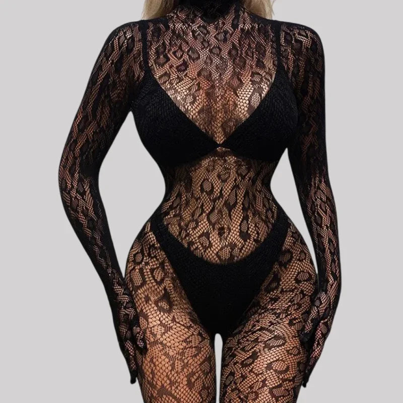 Toucheart Mesh Jumpsuit Underwear Long-sleeved Jumpsuit Fishnet Top with Closed Crotch Perspective Jumpsuit