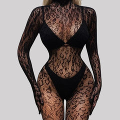 Toucheart Mesh Jumpsuit Underwear Long-sleeved Jumpsuit Fishnet Top with Closed Crotch Perspective Jumpsuit