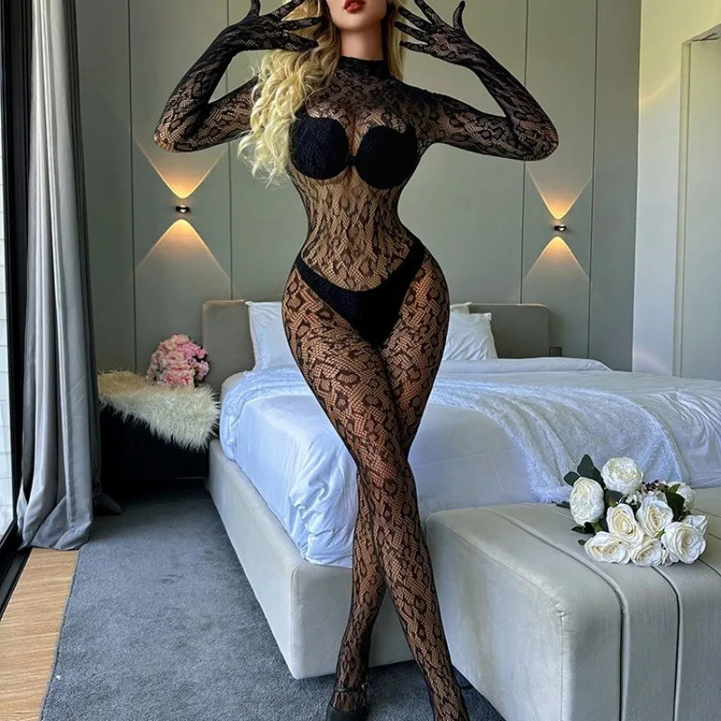 Toucheart Mesh Jumpsuit Underwear Long-sleeved Jumpsuit Fishnet Top with Closed Crotch Perspective Jumpsuit
