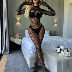 Toucheart Mesh Jumpsuit Underwear Long-sleeved Jumpsuit Fishnet Top with Closed Crotch Perspective Jumpsuit