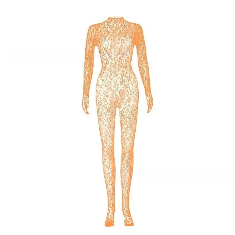 Toucheart Mesh Jumpsuit Underwear Long-sleeved Jumpsuit Fishnet Top with Closed Crotch Perspective Jumpsuit