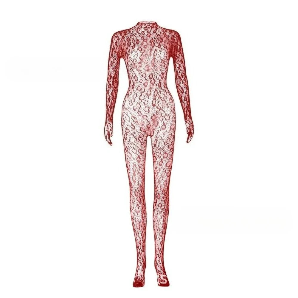 Toucheart Mesh Jumpsuit Underwear Long-sleeved Jumpsuit Fishnet Top with Closed Crotch Perspective Jumpsuit