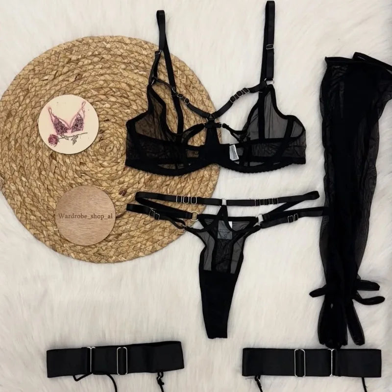 Toucheart Mesh Lingerie Split Kit with Gloves Steel Ring Laceup See-through Private Set