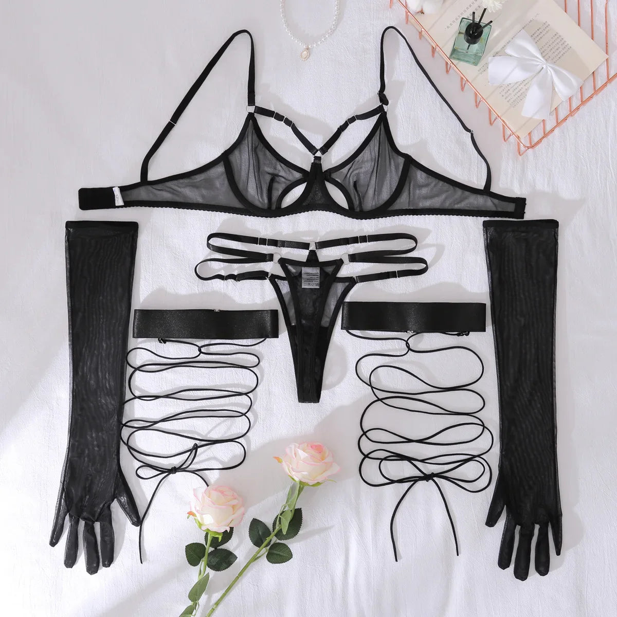 Toucheart Mesh Lingerie Split Kit with Gloves Steel Ring Laceup See-through Private Set