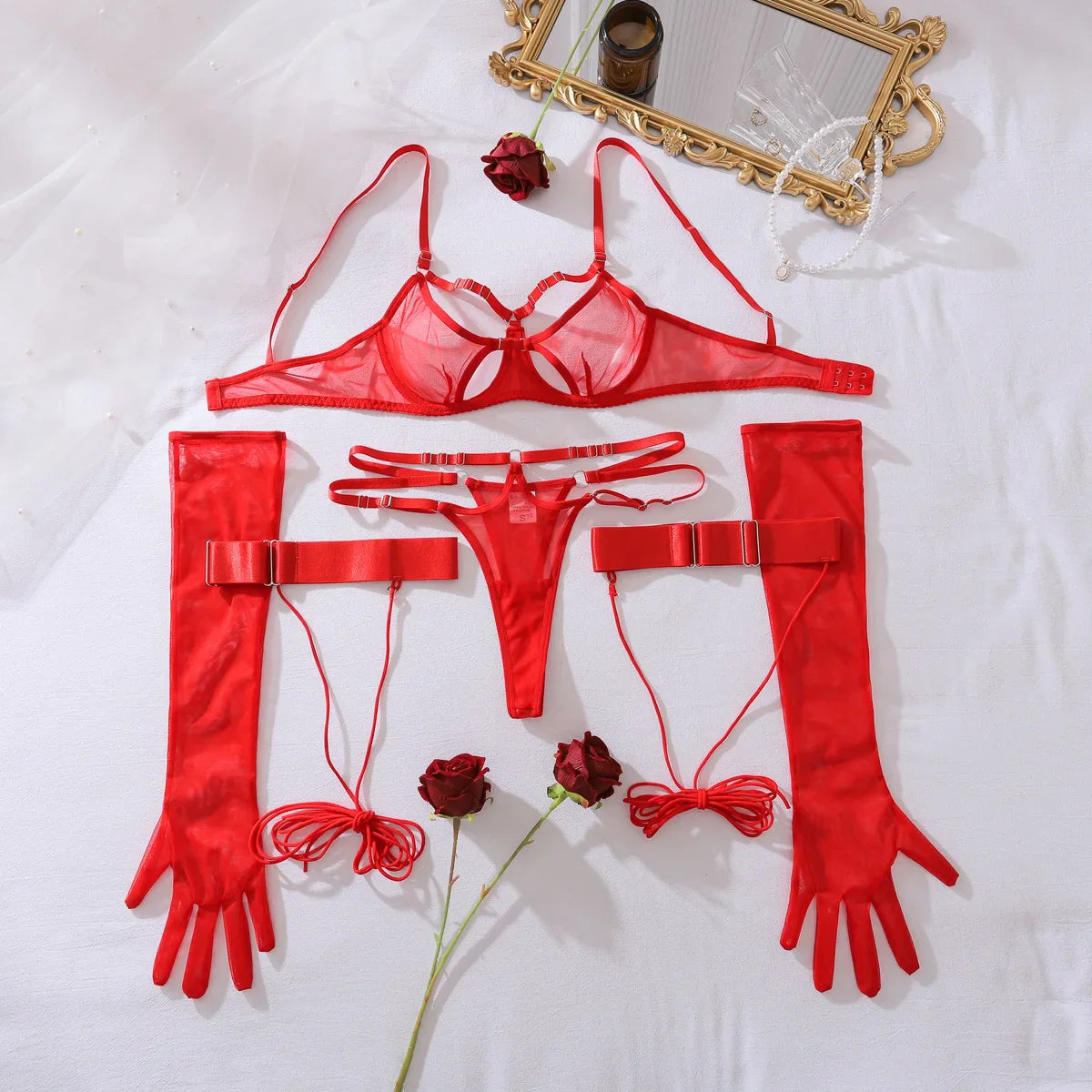 Toucheart Mesh Lingerie Split Kit with Gloves Steel Ring Laceup See-through Private Set
