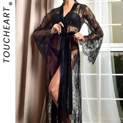 Toucheart Mesh Nightgown Suit Lingerie Lace Solid Color Mesh Perspective Long Nightgown Suit