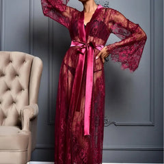 Toucheart Mesh Nightgown Suit Lingerie Lace Solid Color Mesh Perspective Long Nightgown Suit