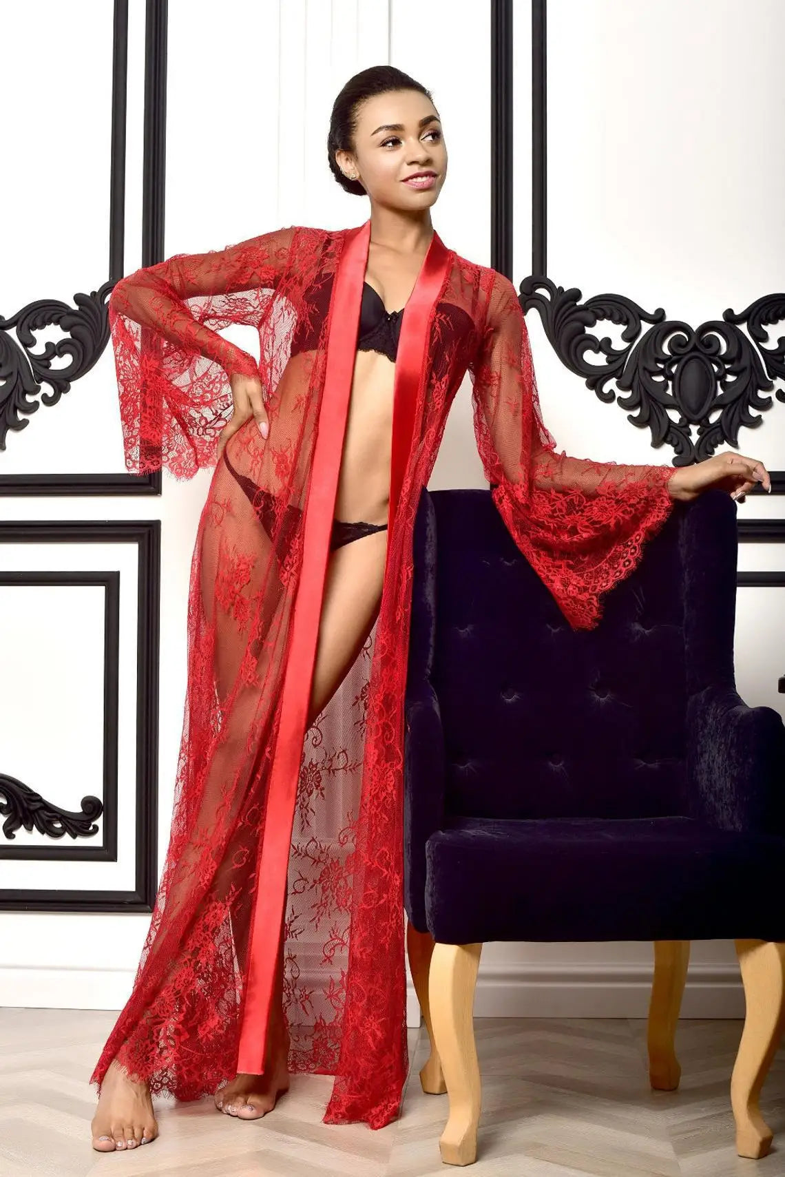 Toucheart Mesh Nightgown Suit Lingerie Lace Solid Color Mesh Perspective Long Nightgown Suit