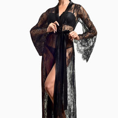 Toucheart Mesh Nightgown Suit Lingerie Lace Solid Color Mesh Perspective Long Nightgown Suit