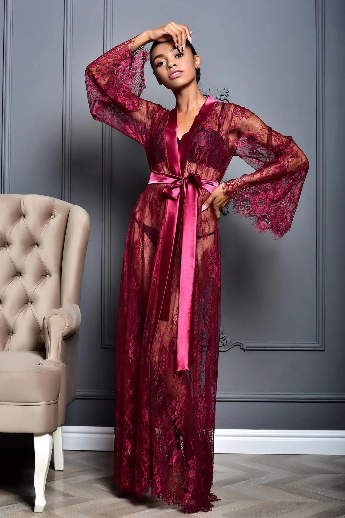 Toucheart Mesh Nightgown Suit Lingerie Lace Solid Color Mesh Perspective Long Nightgown Suit