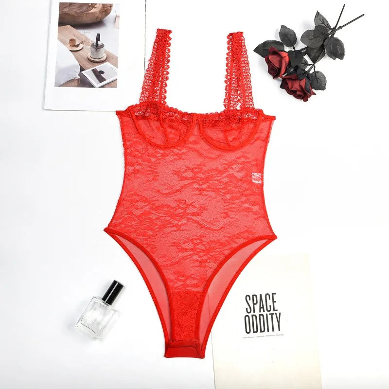 Toucheart Mesh Embroidery Jumpsuit Lace Sling Underwear Solid Color See-Through Backless Jumpsuit