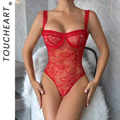Toucheart Mesh Embroidery Jumpsuit Lace Sling Underwear Solid Color See-Through Backless Jumpsuit