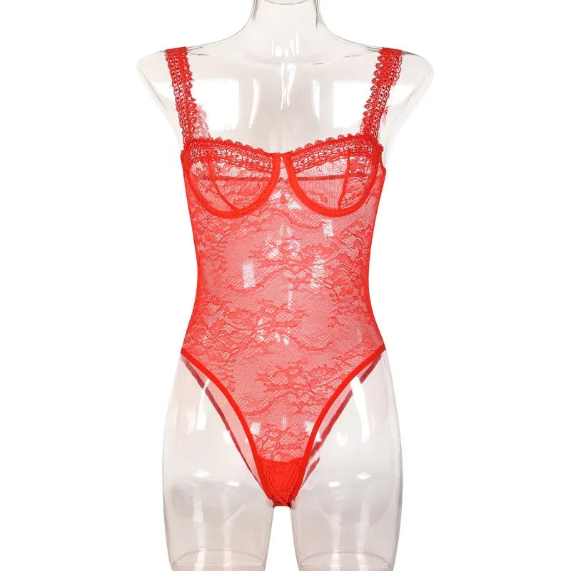 Toucheart Mesh Embroidery Jumpsuit Lace Sling Underwear Solid Color See-Through Backless Jumpsuit