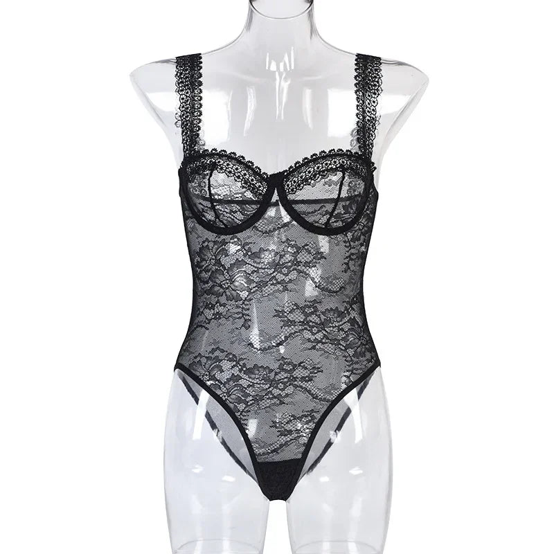 Toucheart Mesh Embroidery Jumpsuit Lace Sling Underwear Solid Color See-Through Backless Jumpsuit