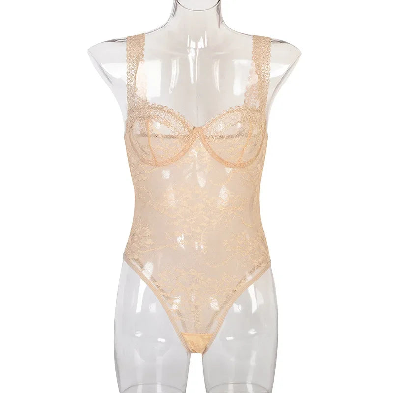 Toucheart Mesh Embroidery Jumpsuit Lace Sling Underwear Solid Color See-Through Backless Jumpsuit