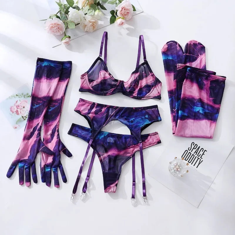Toucheart Mesh Printing Lingerie Suit 5-piece Set Gloves Stockings Underwear Set Exotic Garters Underwear