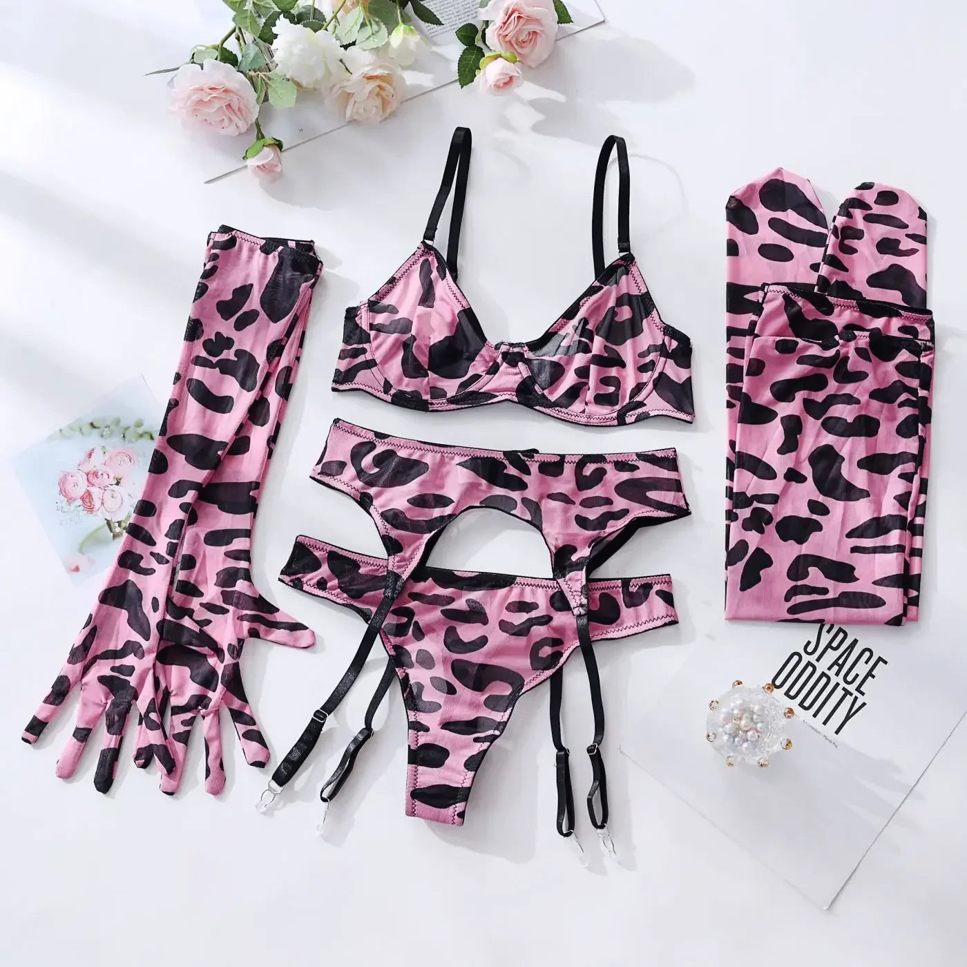 Toucheart Mesh Printing Lingerie Suit 5-piece Set Gloves Stockings Underwear Set Exotic Garters Underwear