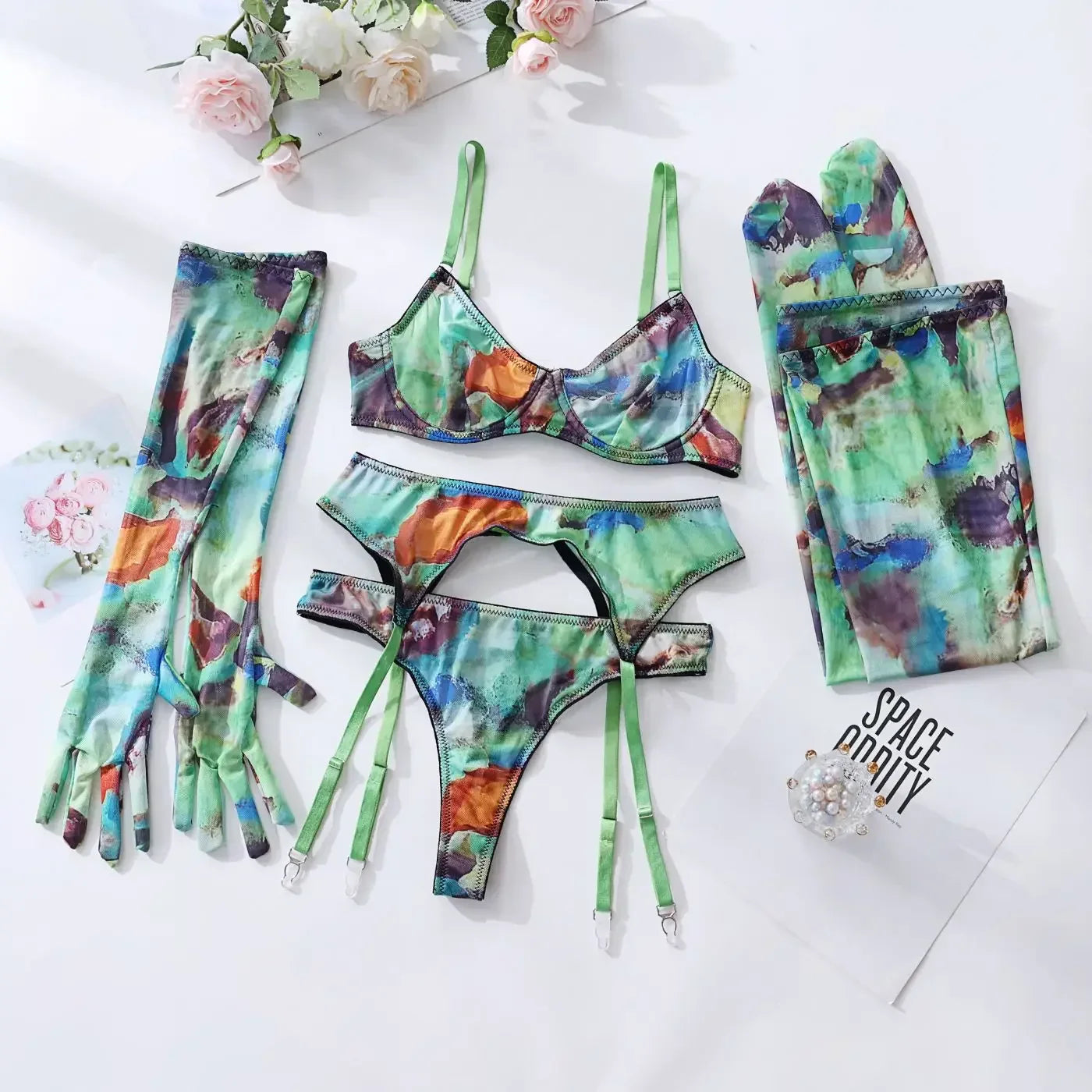 Toucheart Mesh Printing Lingerie Suit 5-piece Set Gloves Stockings Underwear Set Exotic Garters Underwear