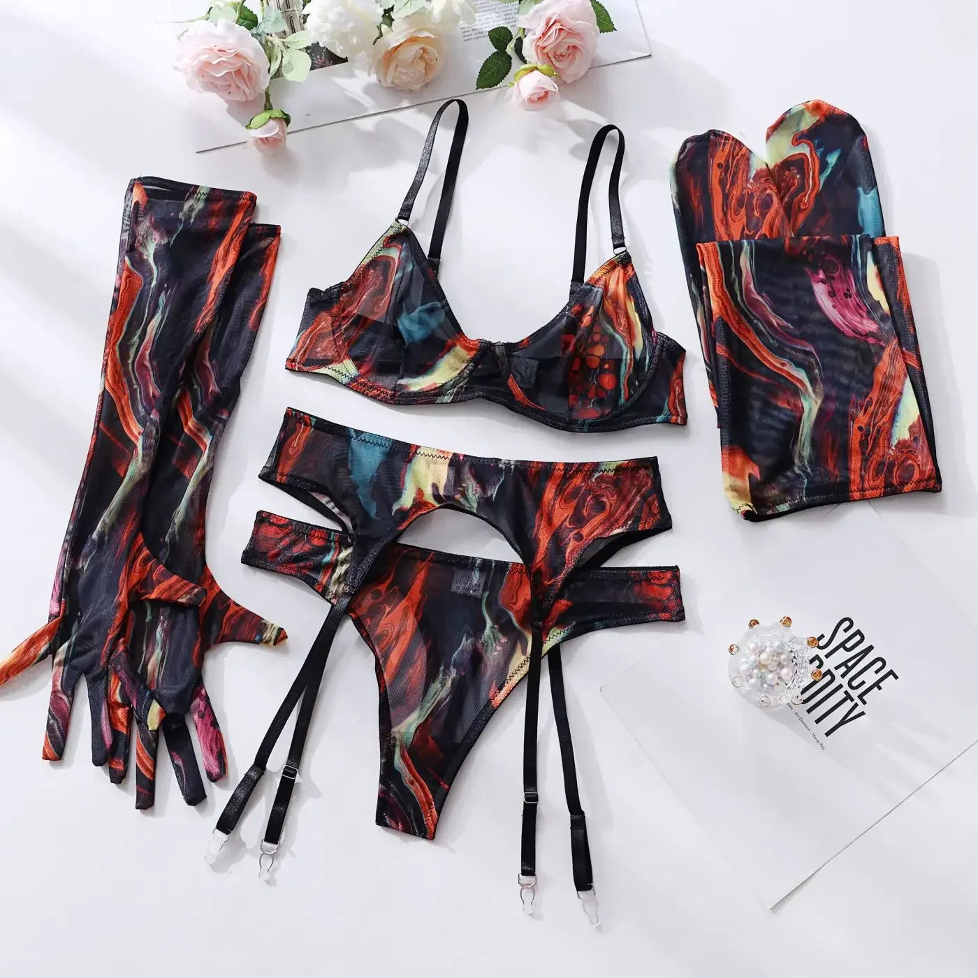 Toucheart Mesh Printing Lingerie Suit 5-piece Set Gloves Stockings Underwear Set Exotic Garters Underwear